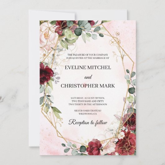 ボホ赤面ブルガンディーピンク金ゴールド幾何学結婚的 招待状 (正面)