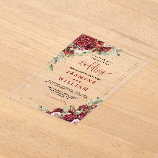 ボホ赤面ブルゴーニュフローラ金ゴールド幾何結婚の アクリル招待状 (レイダウン)