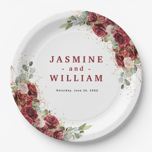 ボホ赤面ブルゴーニュフローラ金ゴールド幾何結婚の ペーパープレート (正面)