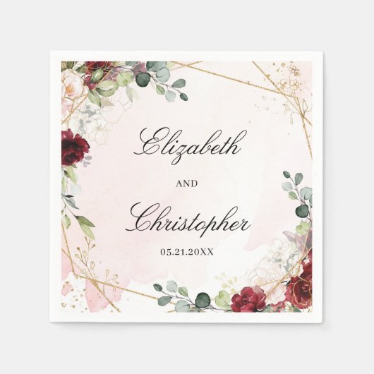 ボホ赤面ブルゴーニュフローラ金ゴールド結婚地磁気 スタンダードカクテルナプキン (正面)