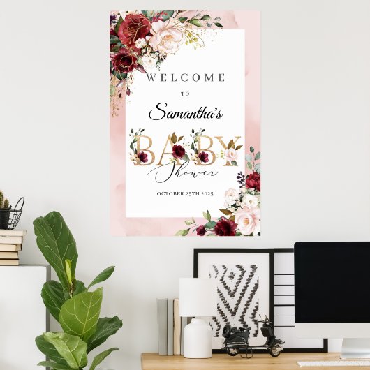 ボホ赤面ブルゴーニュ金ゴールドフォイル文字ウェルカムサイン ポスター (ホームオフィス)