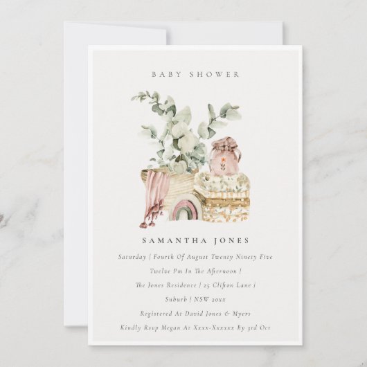 ボホ赤面子供部屋リーフ女の子ベビーシャワー招待状 サンキューカード (正面)