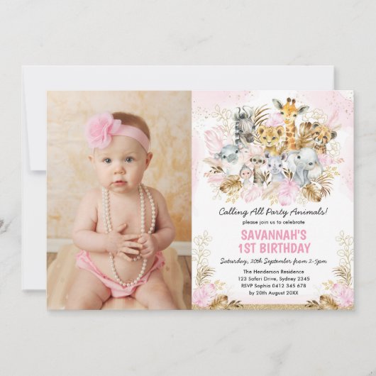 ボホ赤面金ゴールドトロピカルワイルドワン誕生日ガール 招待状 (正面)