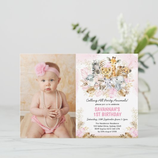 ボホ赤面金ゴールドトロピカルワイルドワン誕生日ガール 招待状 (スタンド正面)