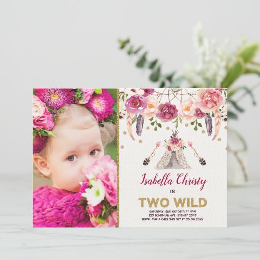 ボホ部族のフローラツーワイルド誕生日ドリームキャッチャー 招待状 (スタンド正面)