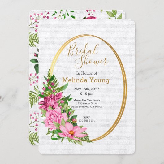ボホ金ゴールドピンクウォーターカラーフローラブライダルシャワー 招待状 (正面/裏面)