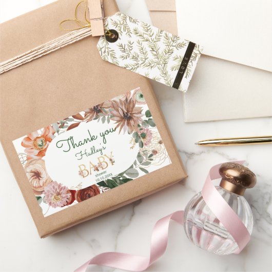 ボホ金ゴールドユーカリ赤ちゃん感謝していシャワーユー 長方形シール (ギフト)