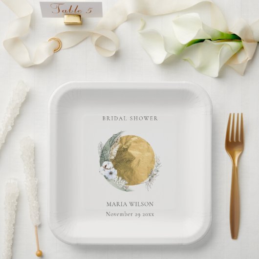 ボホ金ゴールド佐賀緑フローラリースブライダルシャワー ペーパープレート (ウェディング)