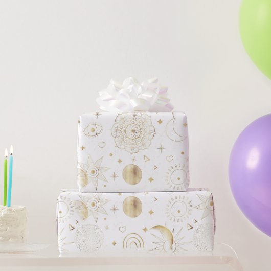 ボホ金ゴールド宇宙ドードルズホワイトデザイン ラッピングペーパー (パーティーギフト)