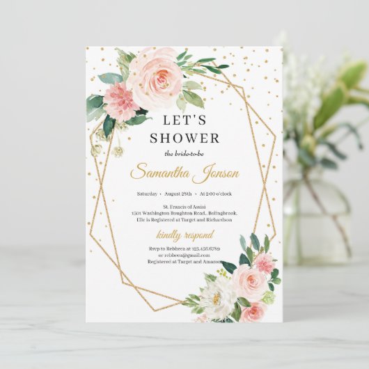 ボホ金ゴールド幾何学的赤面ピンクフローラブライダル 招待状 (スタンド正面)