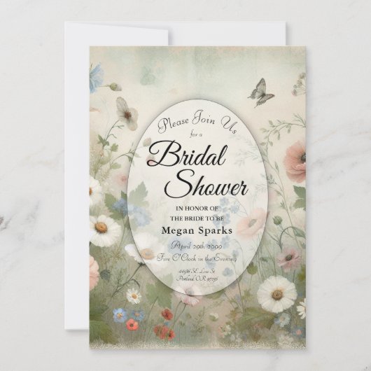 ボホ開花とヴィンテージ花ブライダルシャワー 招待状 (正面)