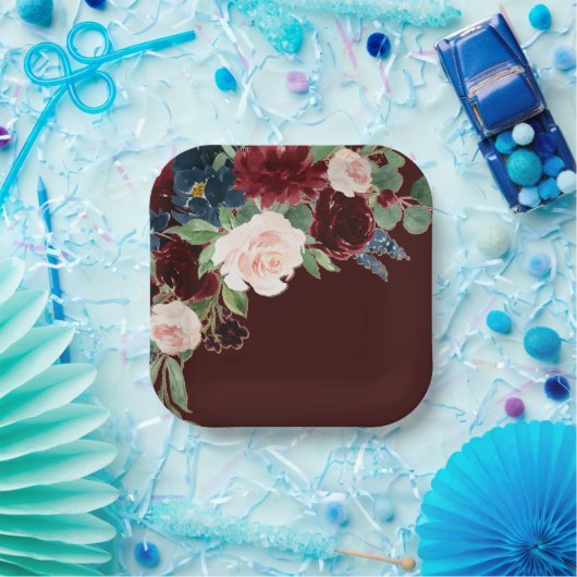 ボホ開花 |ダークブルゴーニュとネイビーブルーブーケ ペーパープレート (パーティー)