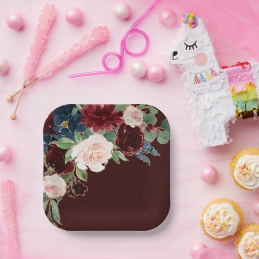 ボホ開花 |ダークブルゴーニュとネイビーブルーブーケ ペーパープレート (パーティー)