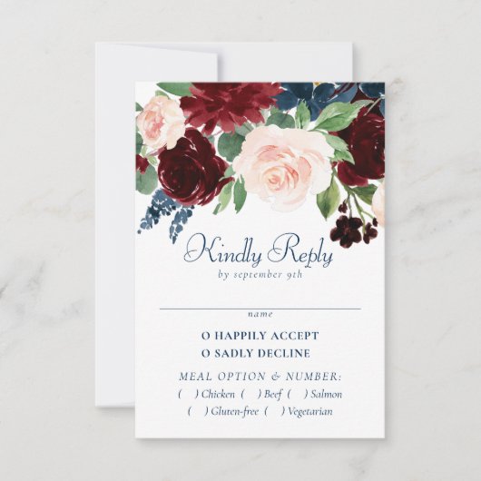 ボホ開花 |ネイビー素朴ブルーとブルゴーニュのエンツリー 出欠カード (正面)