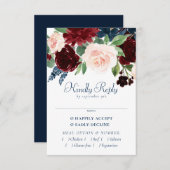 ボホ開花 |ネイビー素朴ブルーとブルゴーニュのエンツリー 出欠カード (正面/裏面)