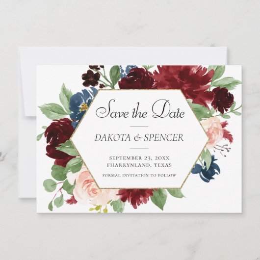 ボホ開花 |ブルゴーニュ赤と青の日付の変更 セーブザデート (正面)