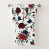 ボホ開花 |ブルゴーニュ赤赤面とネイビーパターン バスタオルセット (インサイチュ)