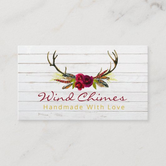 ボホ開花〔雄ジカの〕枝角手作りウインドチメ 名刺 (正面)