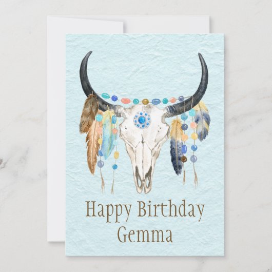 ボホ飾牛スカル誕生日グリーティングカード 招待状 (正面)