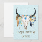 ボホ飾牛スカル誕生日グリーティングカード 招待状 (正面/裏面)