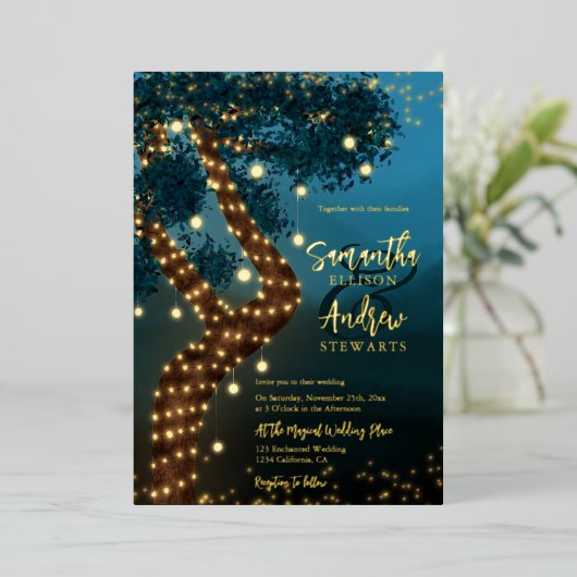 ボホ魔法の魔法の魔法の森の結婚森の森 箔招待状 (立ち正面)