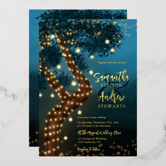 ボホ魔法の魔法の魔法の森の結婚森の森 箔招待状 (正面/裏面)