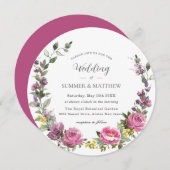 ボホ鮮やかマゼンタピンクパープルフローラ結婚ズ 招待状 (正面/裏面)