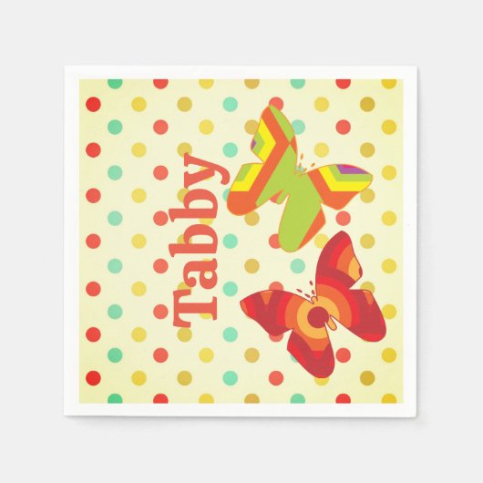 ボホ70年代の水玉模様ストライプ蝶オレンジ黄色 スタンダードカクテルナプキン (正面)