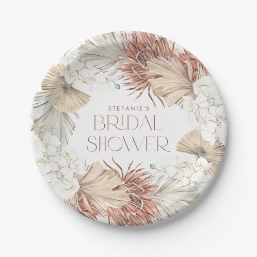 ボホ ウェディング シャワーのためのパームリーフとオーキッドの花輪 ペーパープレート (正面)