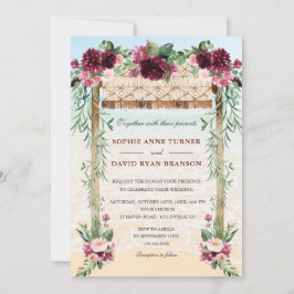 ボホ カノピー バーガンディ フローラル ビーチ マウイ ウェディング 招待状