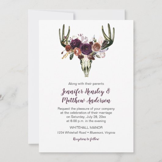 ボホ デア スカル ダーク パープル フローラル ブーケ ウェディング 招待状 (正面)