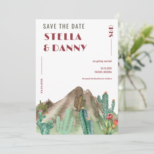 ボホ デザート サボテン アリゾナ デスティネーション ウェディング セーブザデート (スタンド正面)