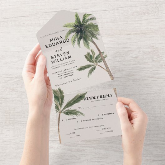 ボホ トロピカル ウォーターカラー パームビーチ ウェディング オールインワン招待状 (貼ってはがせる)