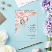 ボホ ピンクの芍薬とパンパス グラスの花の結婚式 アクリル招待状 (インサイチュ (ウェディング))