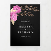 ボホ ピンク オーキッド フローラル オールインワン ブラック ウェディング 三つ折り招待状 (カバー)
