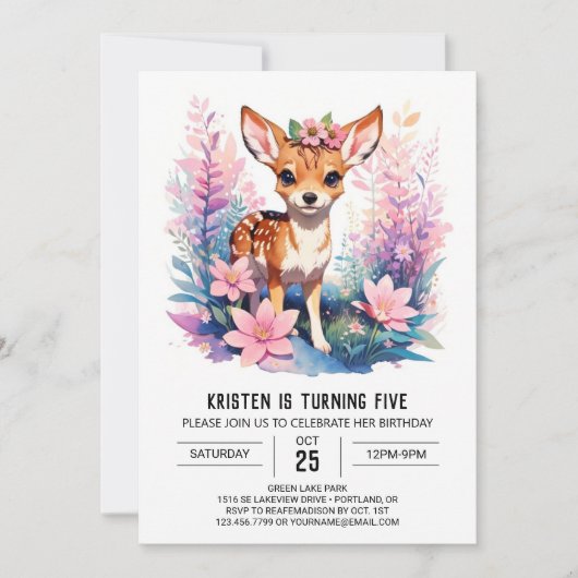 ボホ ピンク 鹿 お祝い ガール バースデー 招待状 (正面)