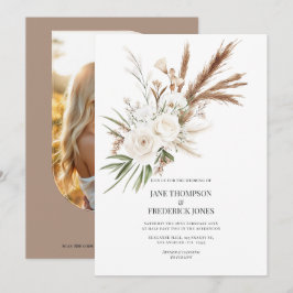 ボホ ボヘミアンのドライ フラワー フォト & QR コード ウェディング 招待状