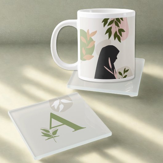 ボホ モノグラム ガラス コースター | セージグリーン & クリーム