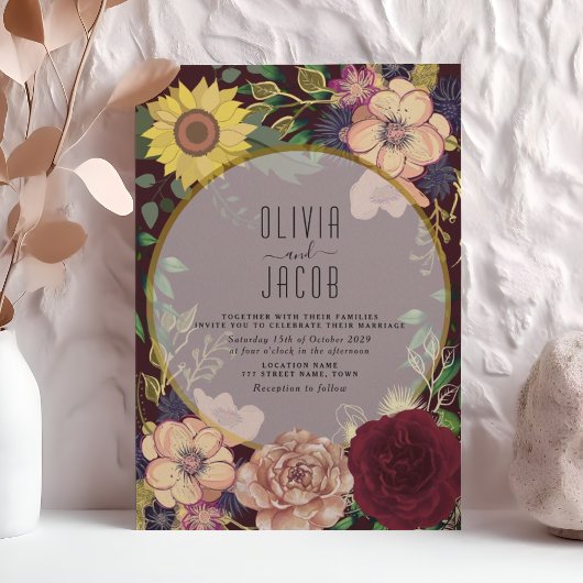 ボホ ワイルドフラワー バーガンディー 結婚式招待状 招待状