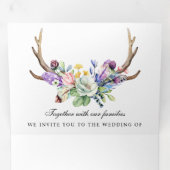 ボホ〔雄ジカの〕枝角ワイルドフラワーフローラQRコード結婚ズ 三つ折り招待状 (内部最初)