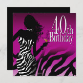 ボムシェル ゼブラ 40歳の誕生日パーティー 紫 招待状 (正面/裏面)