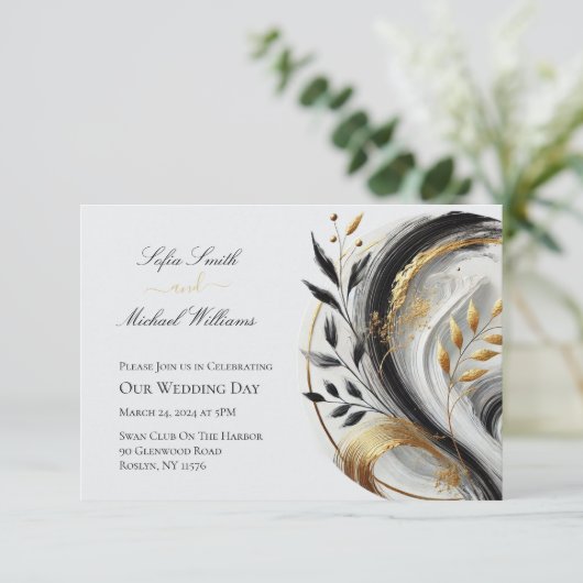 ボモダンタニカル白黒と金ゴールド結婚ズ – Inv 招待状 (スタンド正面)