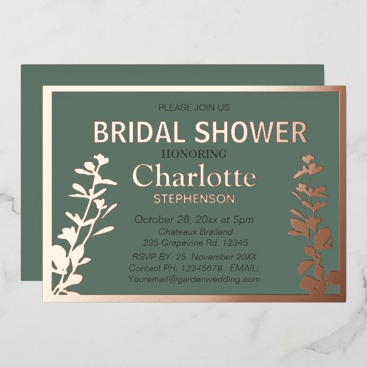 ボモダンタニカル葉ブライダルシャワーバラ金ゴールド 箔招待状 (正面/裏面)