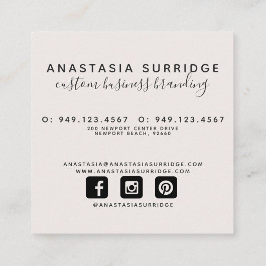 ボモダンタニカル赤面ピンク&ブラックスクリプトスクエア スクエア名刺 (裏面)