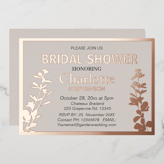 ボモダンタニ葉ックブライダルシャワー 箔招待状 (正面/裏面)