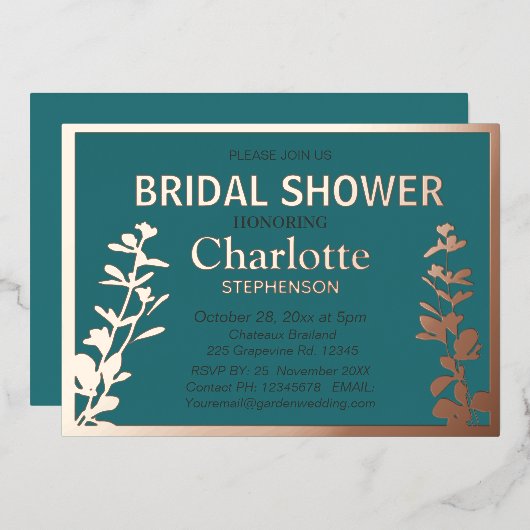 ボモダンタニ葉ックブライダルシャワー 箔招待状 (正面/裏面)