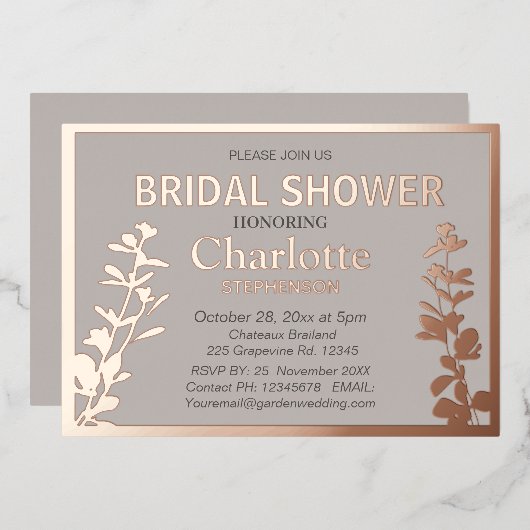 ボモダンタニ葉ックブライダルシャワー 箔招待状 (正面/裏面)