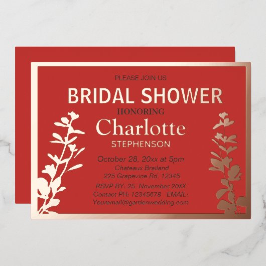 ボモダンタニ葉ックブライダルシャワー 箔招待状 (正面/裏面)