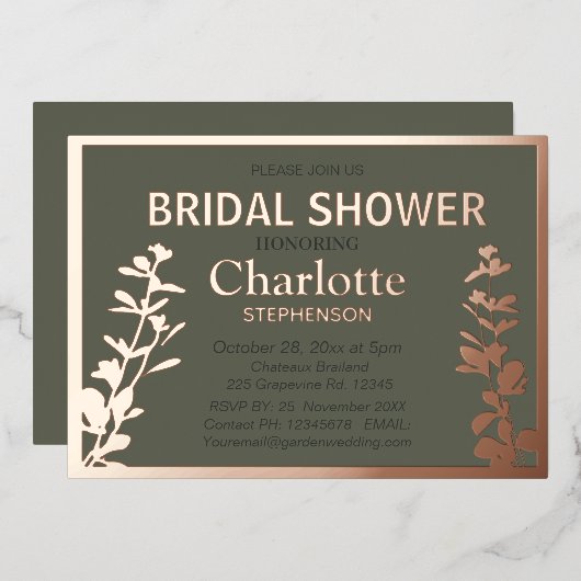 ボモダンタニ葉ックブライダルシャワー 箔招待状 (正面/裏面)