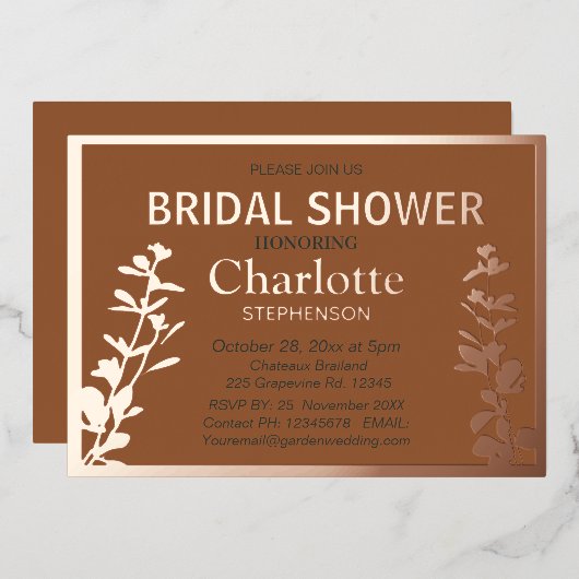 ボモダンタニ葉ックブライダルシャワー 箔招待状 (正面/裏面)